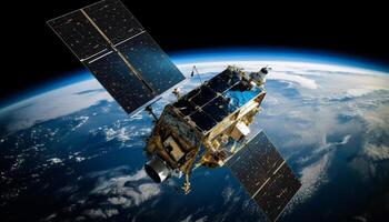 esplorazione di esterno spazio con navicella spaziale, satellitare, e astronauta generato di ai foto