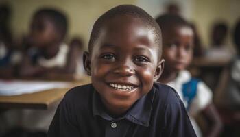 sorridente scuola bambini studiando nel un' diverso aula con insegnante generato di ai foto