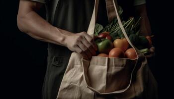 uno uomo Tenere fresco biologico verdure nel carta shopping Borsa generato di ai foto