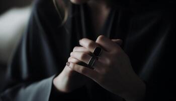 uno elegante mano Tenere dito, bellezza nel nero e bianca generato di ai foto
