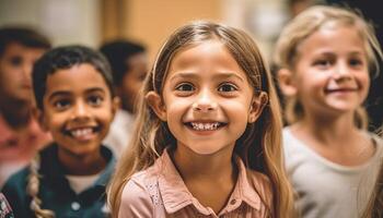 sorridente scuola figli, di vario etnie, in piedi nel aula ritratto generato di ai foto