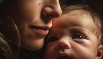 madre e bambino abbraccio, amore e felicità catturato meravigliosamente generato di ai foto