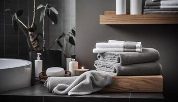 lusso terme trattamento pulire, moderno bagno con morbido asciugamani e candele generato di ai foto