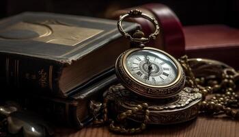 antico tasca orologio su pelle tavolo, tempo per saggezza lettura generato di ai foto