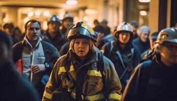 i vigili del fuoco nel uniforme proteggere città a partire dal ardente naturale fenomeno generato di ai foto