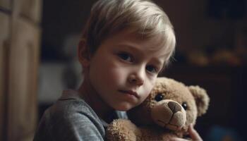 carino caucasico bambino piccolo Tenere orsacchiotto orso, guardare a telecamera felicemente generato di ai foto