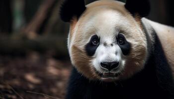 carino panda guardare a telecamera nel bambù foresta, nero pelliccia generato di ai foto