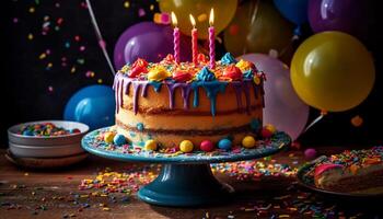 Multi colorato compleanno torta con candele, coriandoli, e dolce decorazioni generato di ai foto