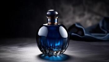 lusso profumo bottiglia, profumato liquido, elegante blu bicchiere contenitore generato di ai foto