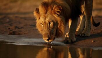 maestoso leonessa nel il savana, riflettendo nel tranquillo acque generato di ai foto