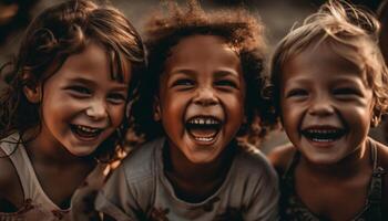 un' gruppo di spensierato bambini sorridente e giocando all'aperto insieme generato di ai foto