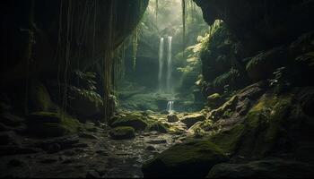 fluente acqua cascate giù maestoso montagna nel tranquillo foresta pluviale generato di ai foto