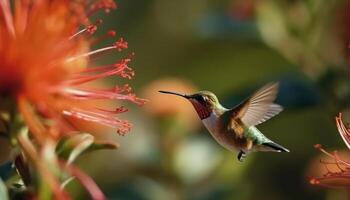 colibrì in bilico, Multi colorato becco, piuma, fiore, all'aperto generato di ai foto