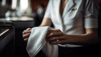 adulto donna Tenere asciugamano, pulizia cucina per salutare stile di vita generato di ai foto