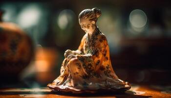 uno persona seduta in casa Meditare con un' piccolo figurina generato di ai foto