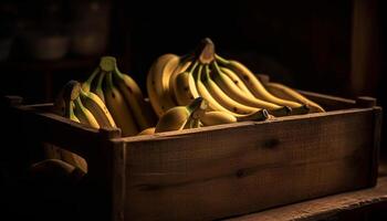 maturo Banana e fresco verdure nel di legno gabbia su rustico tavolo generato di ai foto