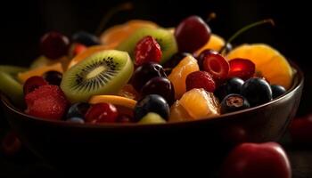 salutare frutta insalata con un' varietà di colorato, fresco frutti di bosco generato di ai foto