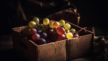 biologico uva grappoli nel rustico di legno cassa, Perfetto azienda vinicola regalo generato di ai foto