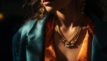 uno giovane donna, moda modello, indossare lusso oro gioielleria all'aperto generato di ai foto