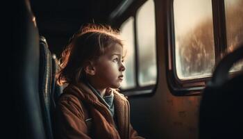 carino caucasico bambino seduta dentro macchina, guardare attraverso finestra su viaggio generato di ai foto