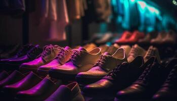elegante pelle scarpa collezione su Schermo nel moderno boutique memorizzare generato di ai foto