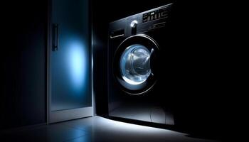 moderno lavaggio macchina riflette pulito domestico vita con metallico attrezzatura generato di ai foto