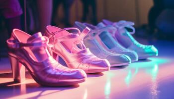 Multi colorato scarpa collezione nel un' riga, riflettendo moderno moda eleganza generato di ai foto