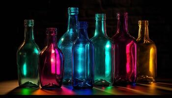 Multi colorato bicchiere bottiglie con alcool liquido nel vivace colori generato di ai foto