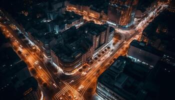 città orizzonte illuminato di auto luci a notte corsa ora generato di ai foto