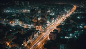 illuminato città orizzonte con grattacieli, traffico, e multiplo corsie generato di ai foto