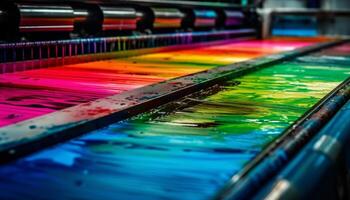 vivace colori di macchinari e attrezzatura nel un' moderno fabbrica generato di ai foto