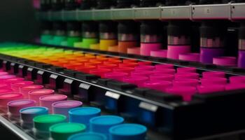 Multi colorato liquido dipingere nel un' riga, vicino su nel laboratorio attrezzatura generato di ai foto