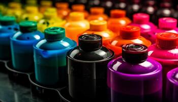 variazione di colorato medicina bottiglie nel laboratorio attrezzatura analizzando liquido generato di ai foto