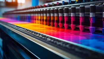 Multi colorato bottiglie su trasportatore cintura nel moderno tessile fabbrica generato di ai foto