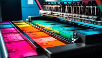 moderno tessile fabbrica usi automatizzato attrezzatura per colorato capi di abbigliamento produzione generato di ai foto