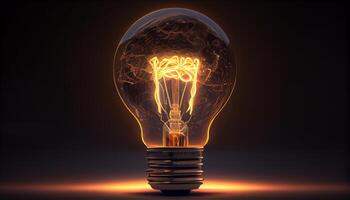raggiante elettrico lampada accensione idee con luminosità generato di ai foto