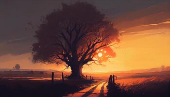 tramonto silhouette albero ramo retroilluminato su arancia cielo generato di ai foto