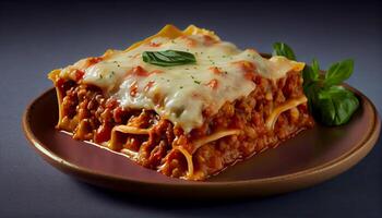 appena al forno Lasagna con carne e pomodoro salsa generato di ai foto