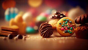 buongustaio cioccolato dolce con colorato caramella decorazioni generato di ai foto