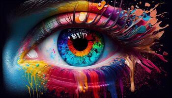 Multi colorato creatività nel vicino su umano occhio generato di ai foto
