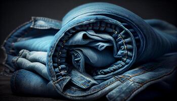 denim capi di abbigliamento moda pila di piegato jeans ,generativo ai foto