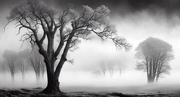 spaventoso foresta silhouette nel tranquillo nero e bianca ,generativo ai foto