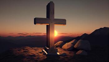 cristianesimo tramonto religione montagna attraversare Alba alba natura ,generativo ai foto