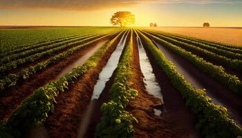 un' vivace tramonto al di sopra di un' coltivato azienda agricola terra ,generativo ai foto