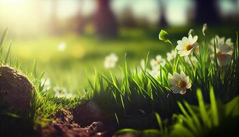 fresco verde prato fioriture con fiori selvatici nel estate ,generativo ai foto