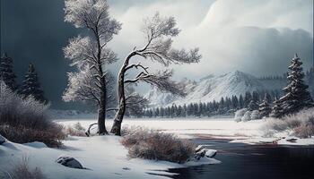 inverno bellezza riflessa nel tranquillo neve coperto paesaggio ,generativo ai foto