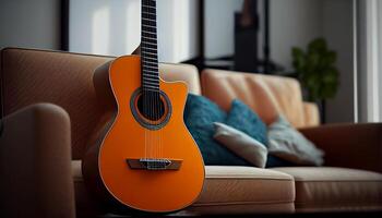 acustico chitarra su divano nel moderno vivente camera ,generativo ai foto