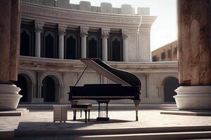 classico musicista giochi maestoso pianoforte su palcoscenico ,generativo ai foto