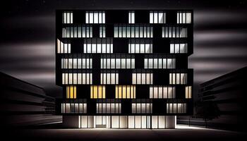 moderno edificio brilla luminosa contro notte cielo ,generativo ai foto