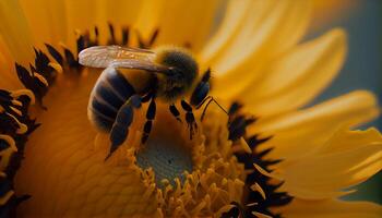 ape impollina singolo giallo fiore nel macro ,generativo ai foto